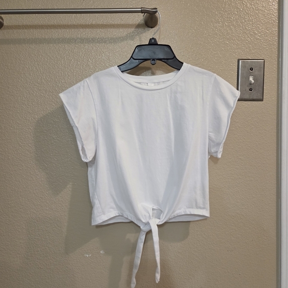 Muftlens Women Tie Front Knot Crop Top Crewneck White T-shirt Size Medium Summer - Picture 2 of 7
